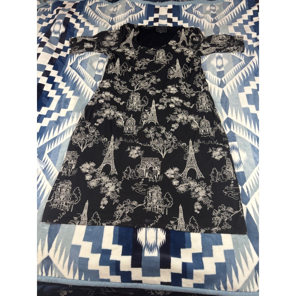 Johnny Was Jade Black White Paris Eiffel Tower Mesh Midi Dress XL